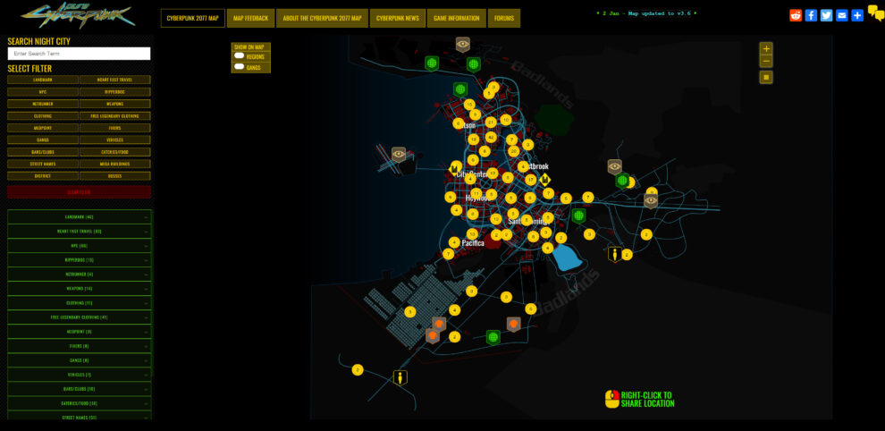 Interactive Cyberpunk 2077 Map Update v3.6